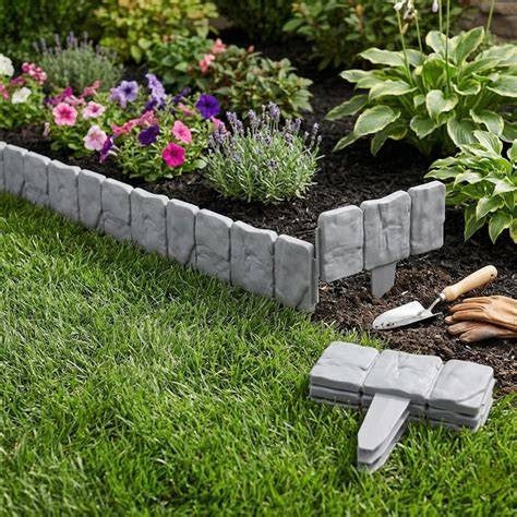 Stone-look edging around a flower bed