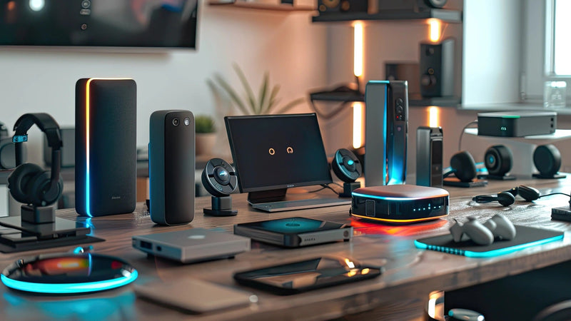 Desk of smart gadgets with ambient lighting
