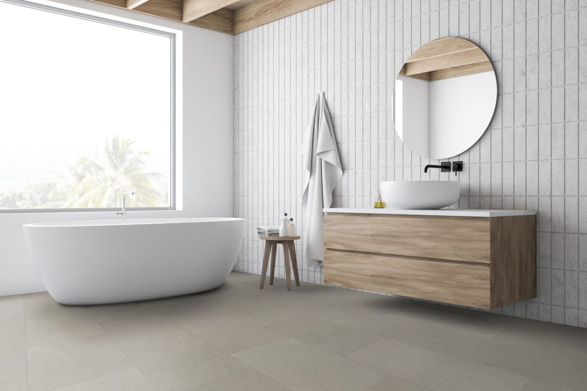 Clean modern bathroom with freestanding bath