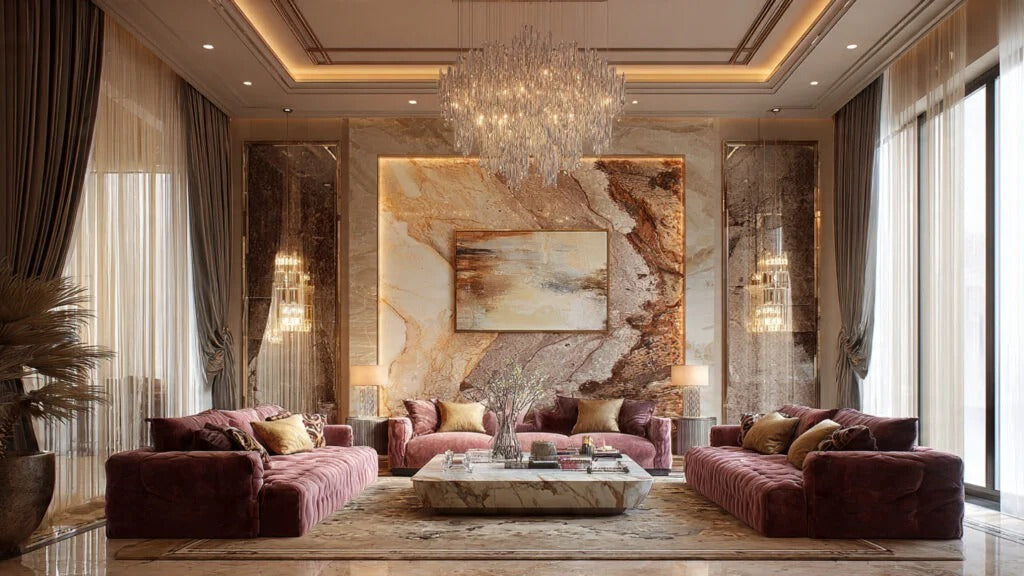 Luxury modern living room with velvet sofas, marble feature wall and crystal chandelier